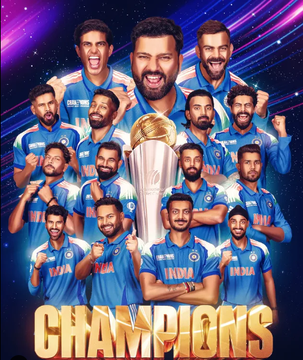 भारत की शानदार जीत – ICC Champions Trophy 2025 के विजेता! भारतीय क्रिकेट टीम Champions Trophy 2025 जीतने के बाद ट्रॉफी के साथ जश्न मना रही है। सभी खिलाड़ी नीली जर्सी में गर्व से खड़े हैं, पीछे चमकदार रोशनी का बैकग्राउंड है।