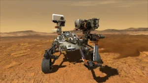 नासा के Mars 2020 मिशन का रोवर मंगल ग्रह की सतह पर अन्वेषण करते हुए।