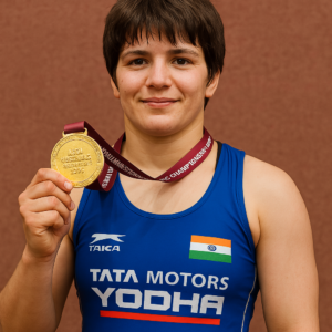 मनीषा - Senior Asian Wrestling Championship 2025 स्वर्ण पदक विजेता मनीषा ने Senior Asian Wrestling Championship 2025 में भारत के लिए एकमात्र स्वर्ण पदक जीता। वह विजयी मुद्रा में स्वर्ण पदक के साथ दिखाई दे रही हैं।